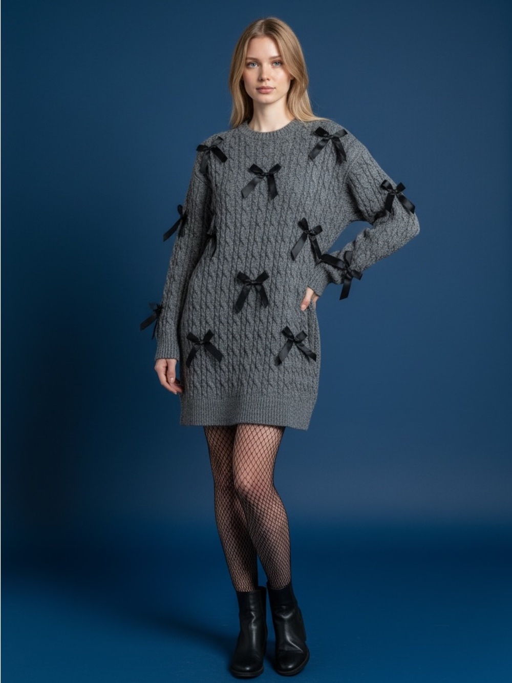 I.N. San Francisco Grey Cable-Knit Mini Dress with Black Bows can fit S to large